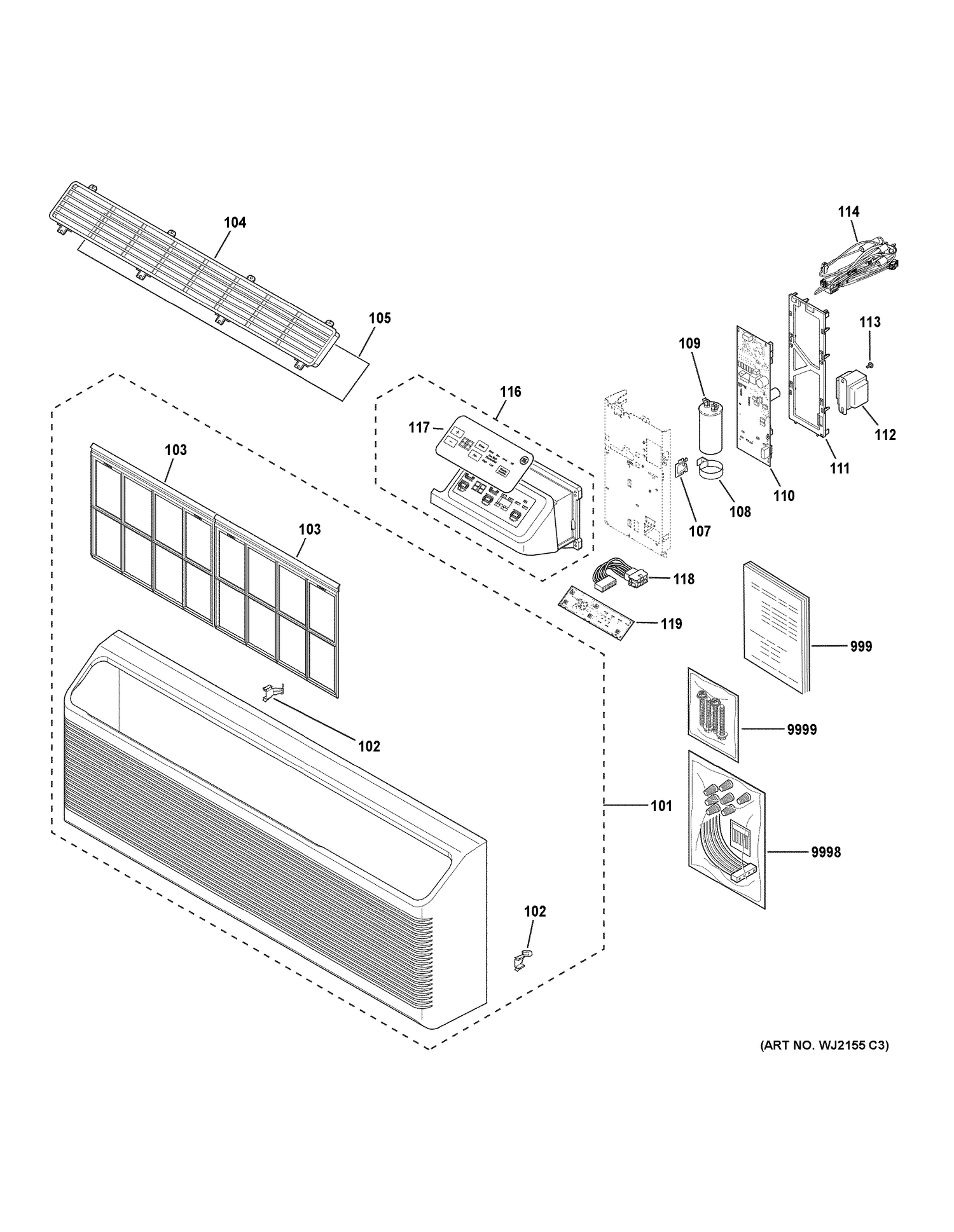 GRILLE & CONTROL PARTS Diagram and Parts List for AZ65H07EBMW1  General Electric Air Conditioner