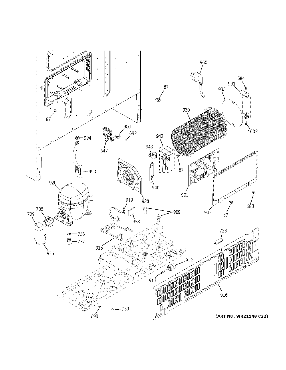 Machine compartment Diagram and Parts List for PYE22KYNDFS  General Electric Refrigerator