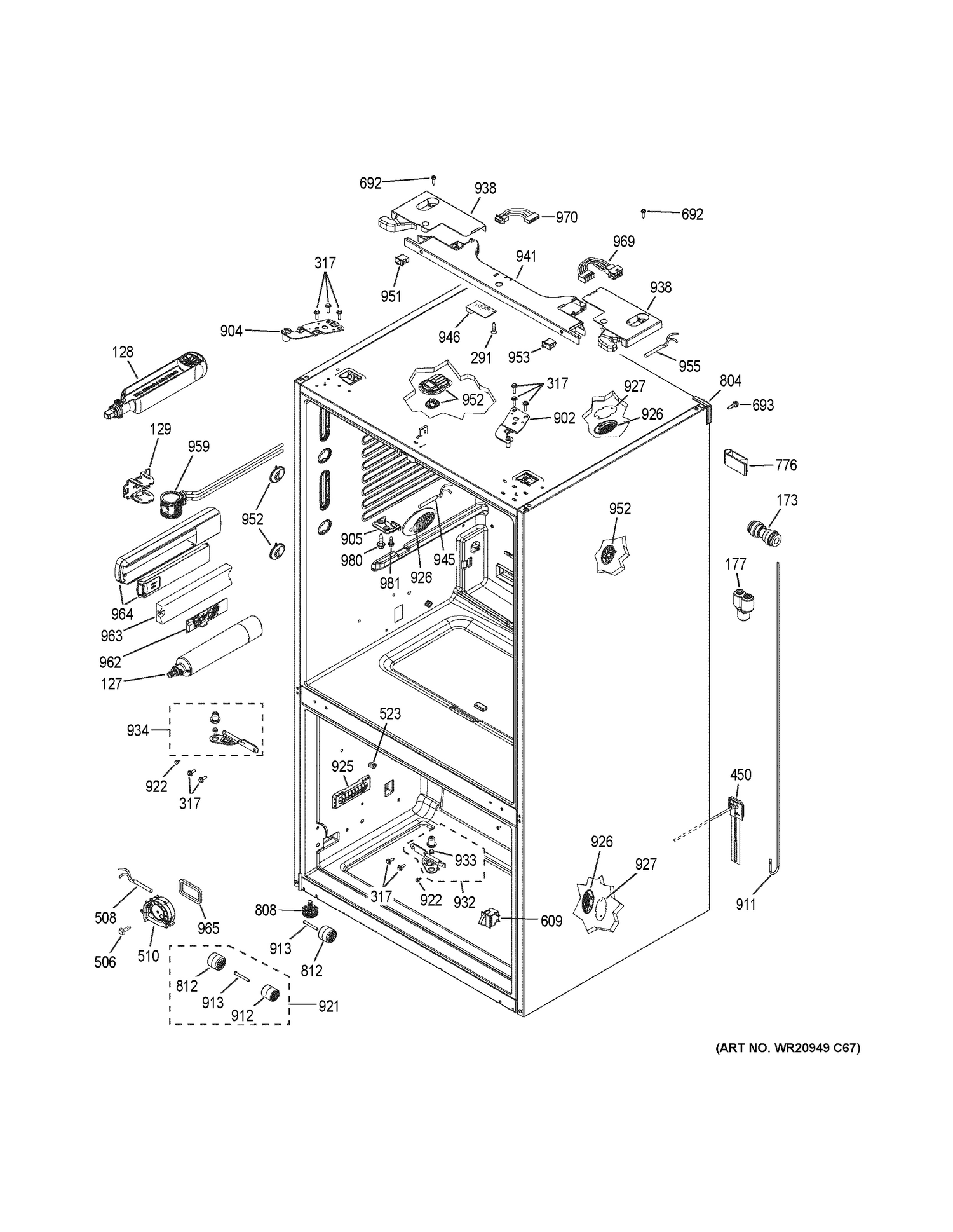 CASE PARTS Diagram and Parts List for PFD28KBLBTS  General Electric Refrigerator