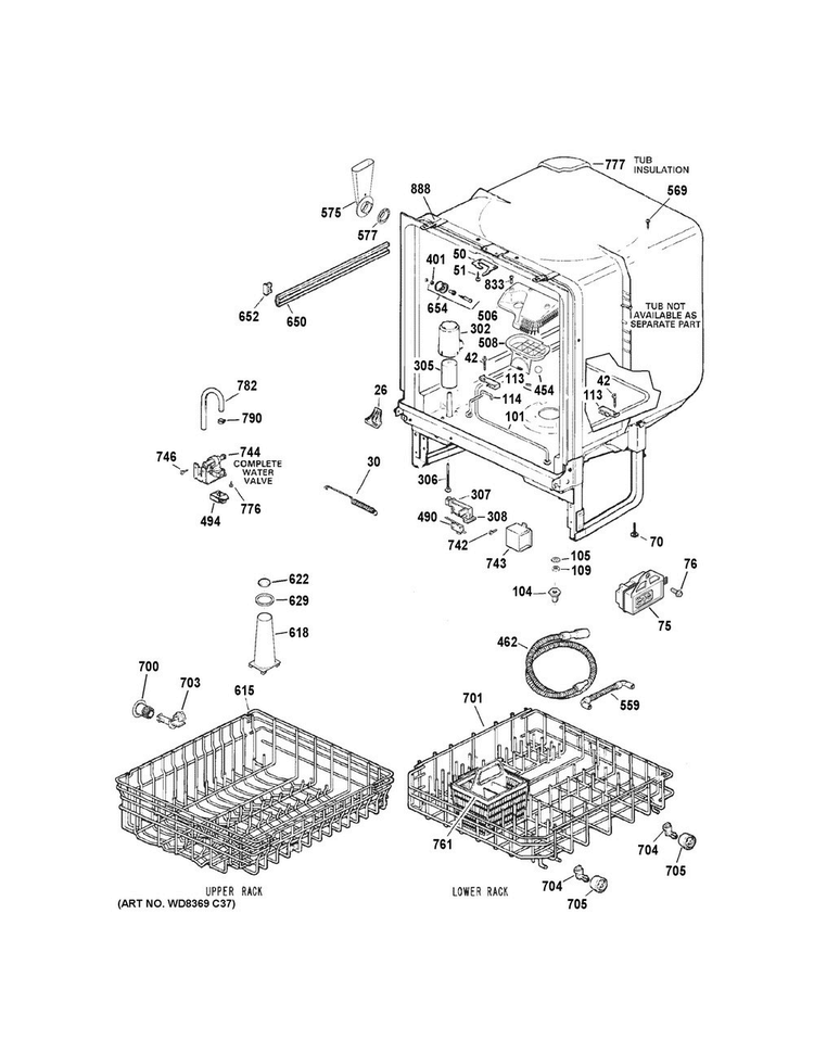 Body Parts Diagram and Parts List for GSD3300D45CC  General Electric Dishwasher