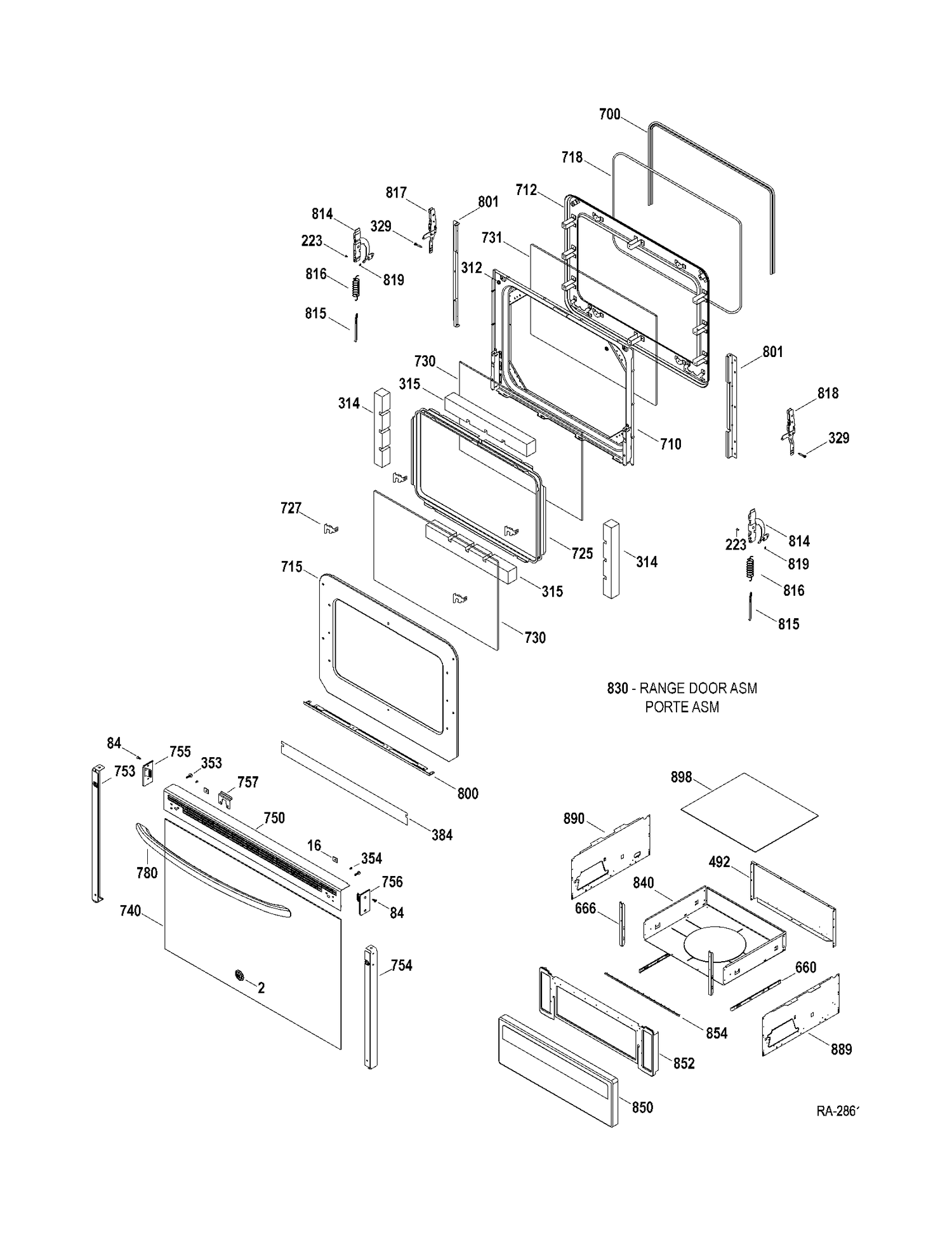 DOOR & DRAWER Diagram and Parts List for JCBP81DP1BB  General Electric Range