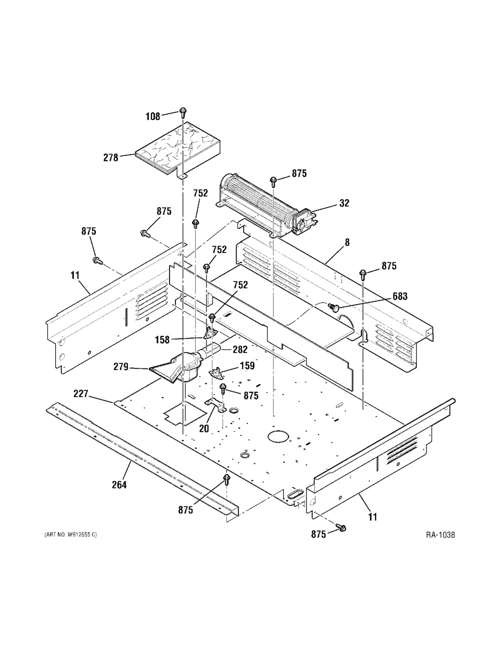 Cooling Fan Diagram and Parts List for MBC12GAZWW  General Electric Range