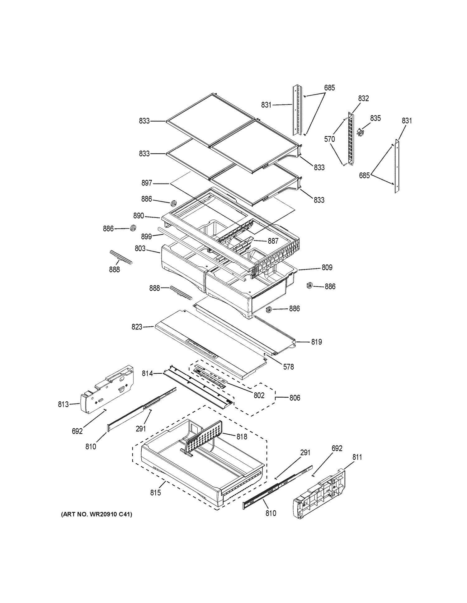 FRESH FOOD SHELVES Diagram and Parts List for GFE28HMKFES  General Electric Refrigerator