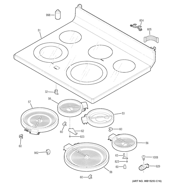 Cooktop Diagram and Parts List for PB911SJ2SS  General Electric Range
