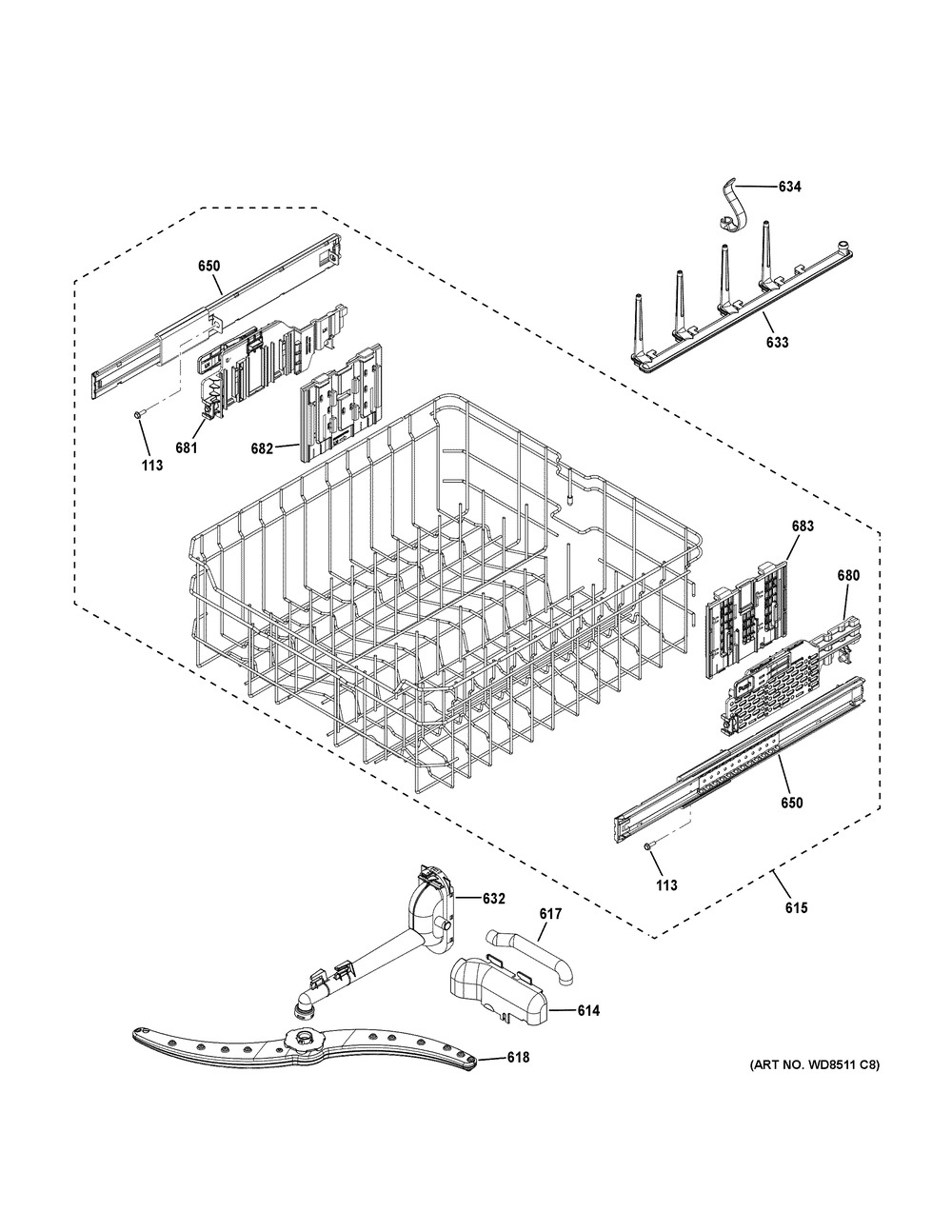 Upper Rack Assembly Diagram and Parts List for GDF670SYV0FS  General Electric Dishwasher
