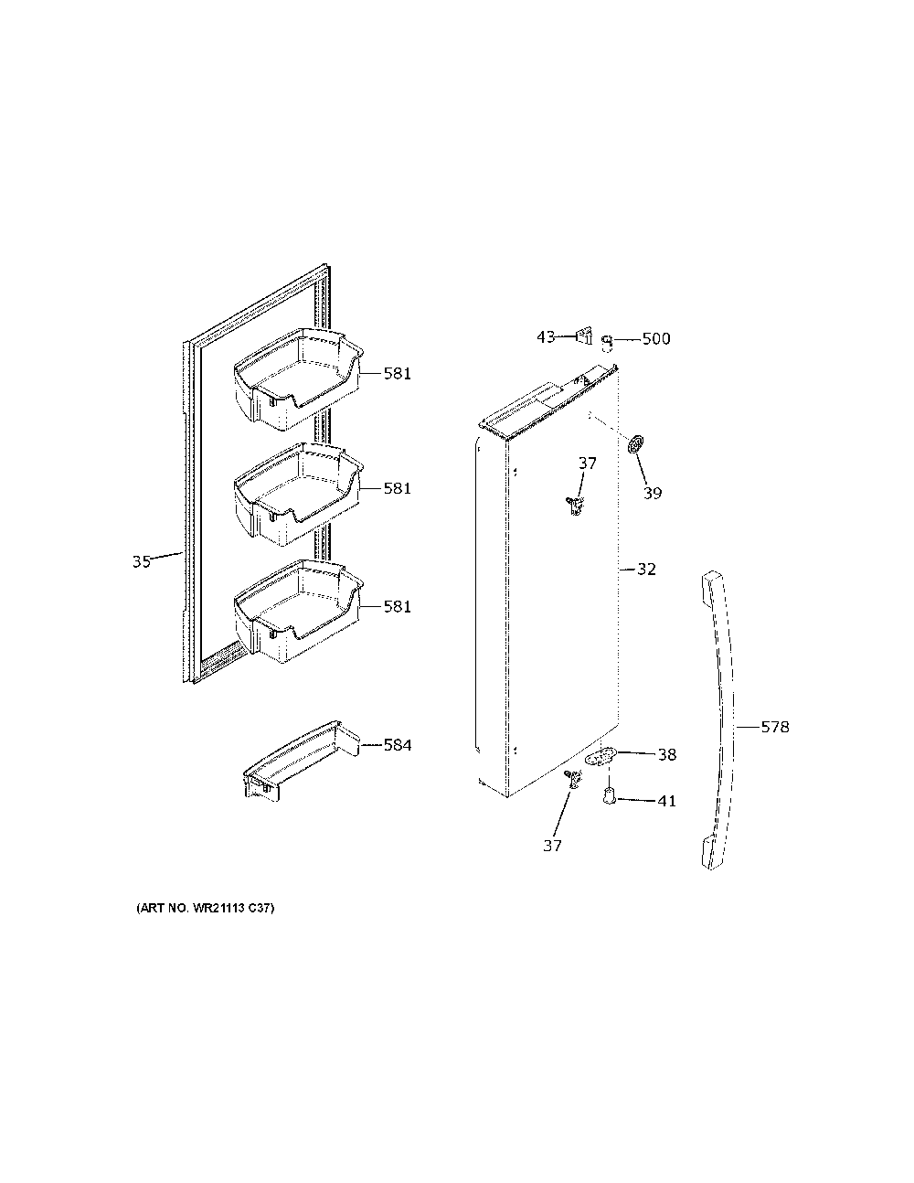 Fresh Food Door - Rh Diagram and Parts List for GFE26JYMWFFS  General Electric Refrigerator