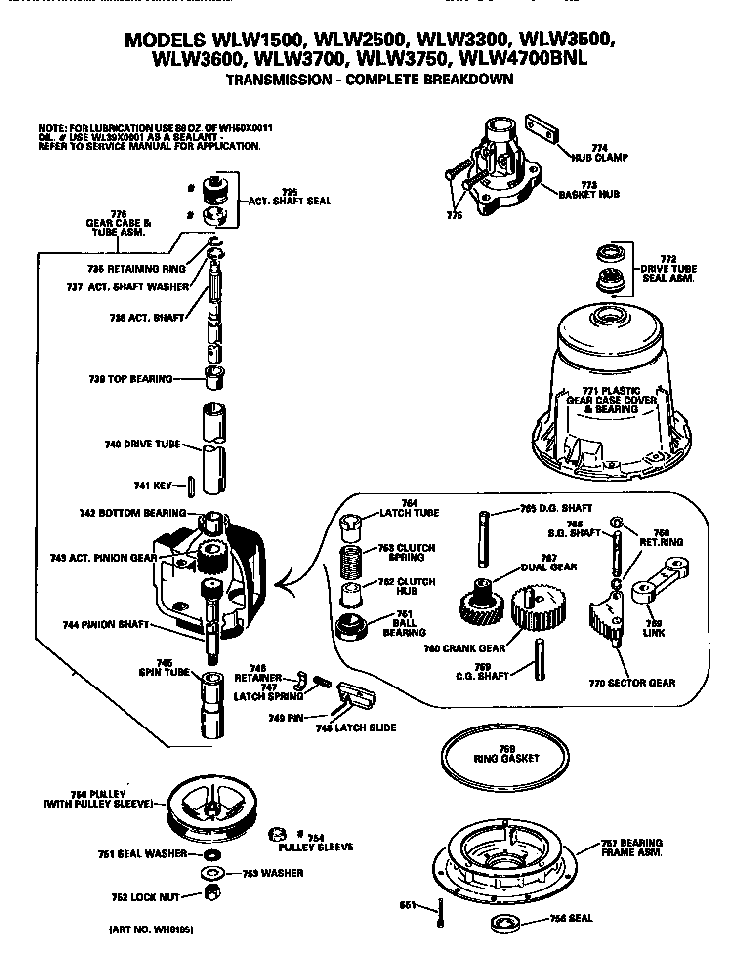 Transmission Diagram and Parts List for WLW3600PD  Hotpoint Washer