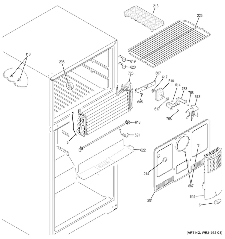Freezer Section Diagram and Parts List for GTE16DTHBRBB  General Electric Refrigerator
