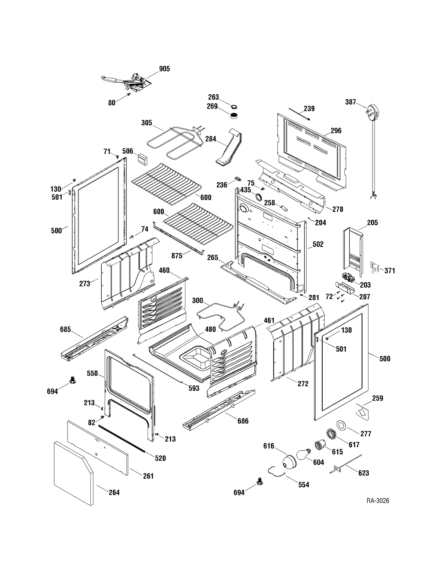 BODY PARTS Diagram and Parts List for JCBP65DP1WW  General Electric Range