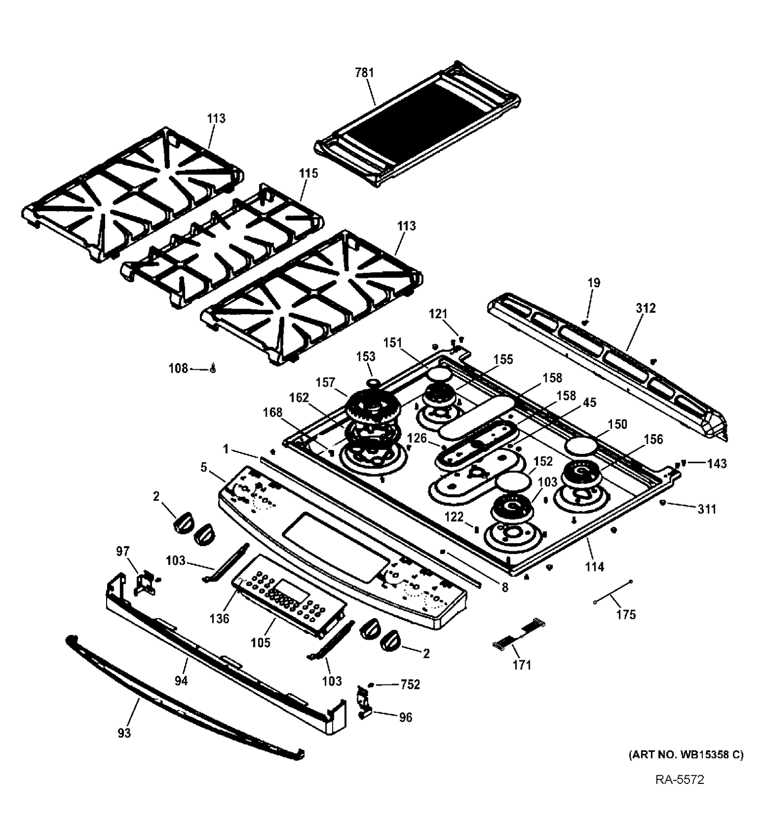 CONTROL PANEL & COOKTOP Diagram and Parts List for PCGS950SEF1SS  General Electric Range