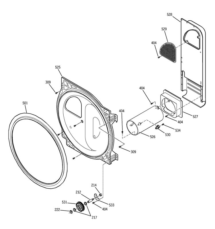 Rear Bulkhead, Rollers & Air Duct Diagram and Parts List for DDSS475GA1WW  General Electric Dryer