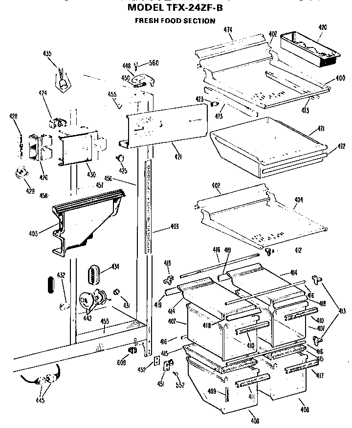 Fresh Food Section Diagram and Parts List for TFX24ZFB  General Electric Refrigerator
