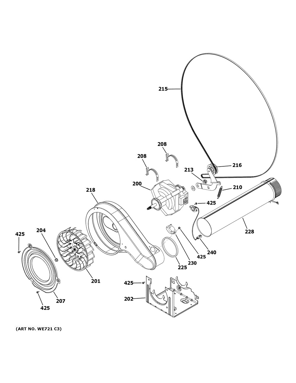 Blower And Motor Diagram and Parts List for GFV55ESSN1WW  General Electric Dryer