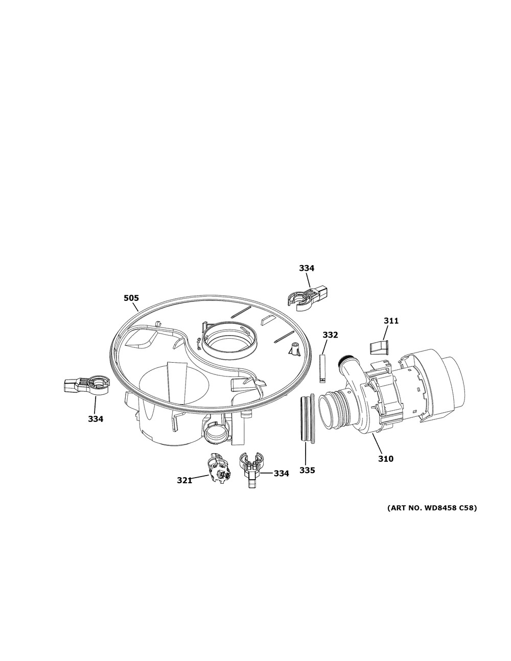 Sump & Motor Mechanism Diagram and Parts List for GDF645SGN0BB  General Electric Dishwasher
