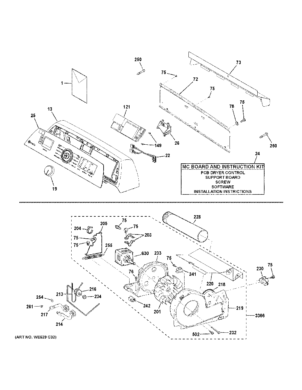 Backsplash, Blower And Motor Assembly Diagram and Parts List for PTD90EBST0WS  General Electric Dryer