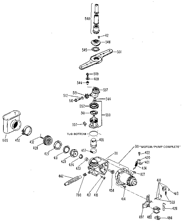 Motor And Pump Assembly Diagram and Parts List for GSD1000M20  General Electric Dishwasher