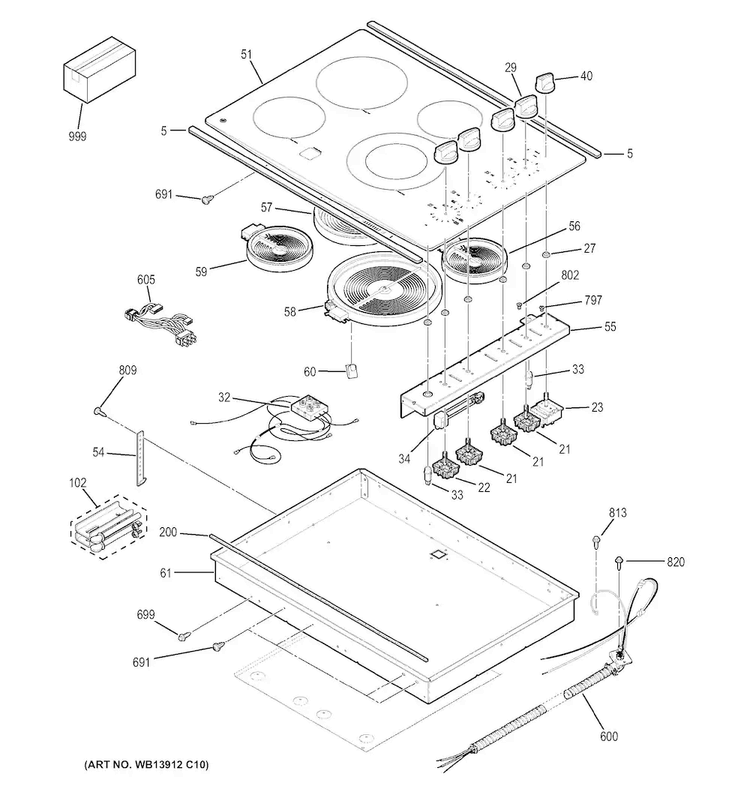 Control Panel & Cooktop Diagram and Parts List for JP3530SJ2SS  General Electric Cooktop