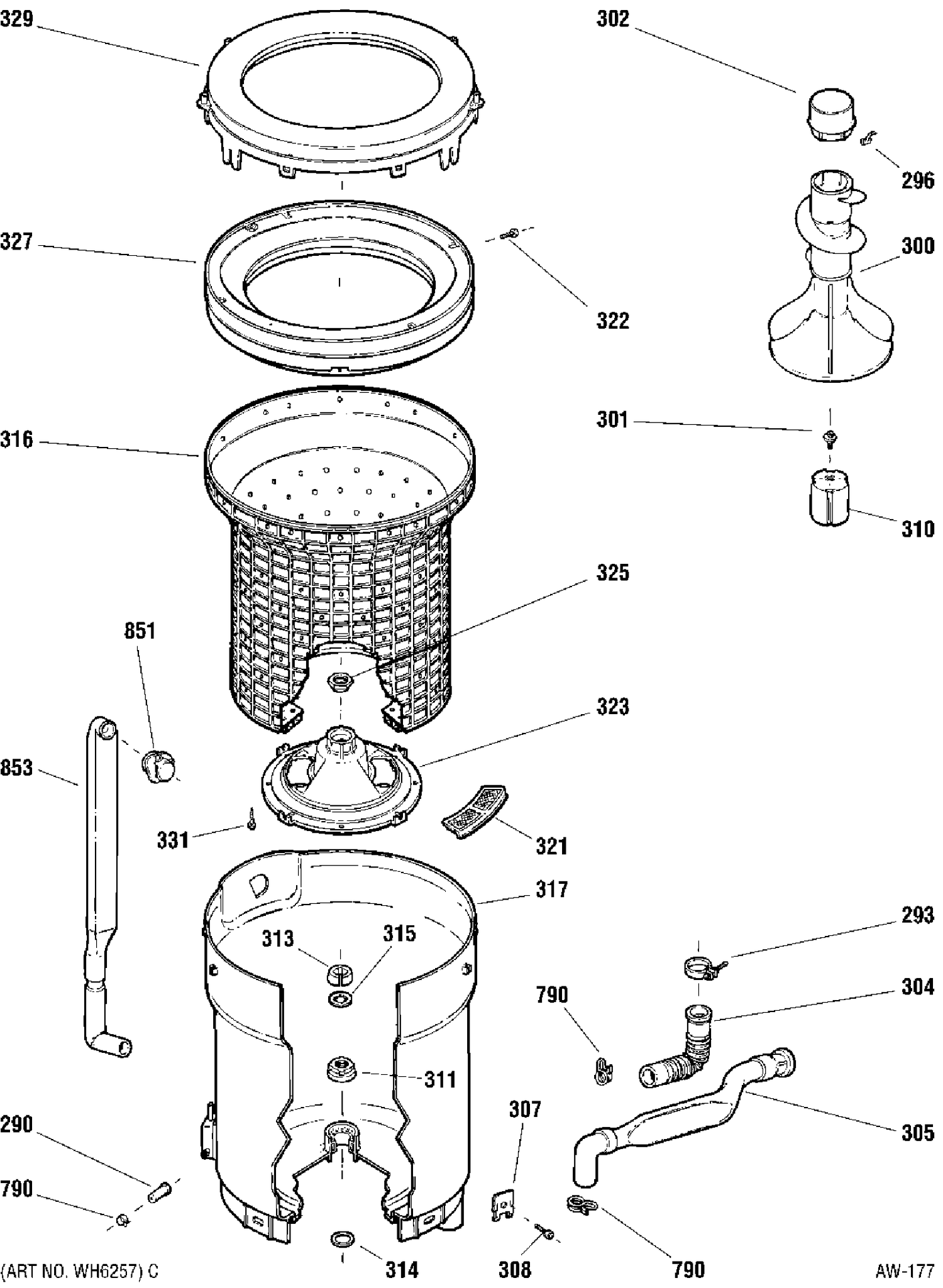 TUB, BASKET & AGITATOR Diagram and Parts List for ZCCB1030V1WC  General Electric Washer