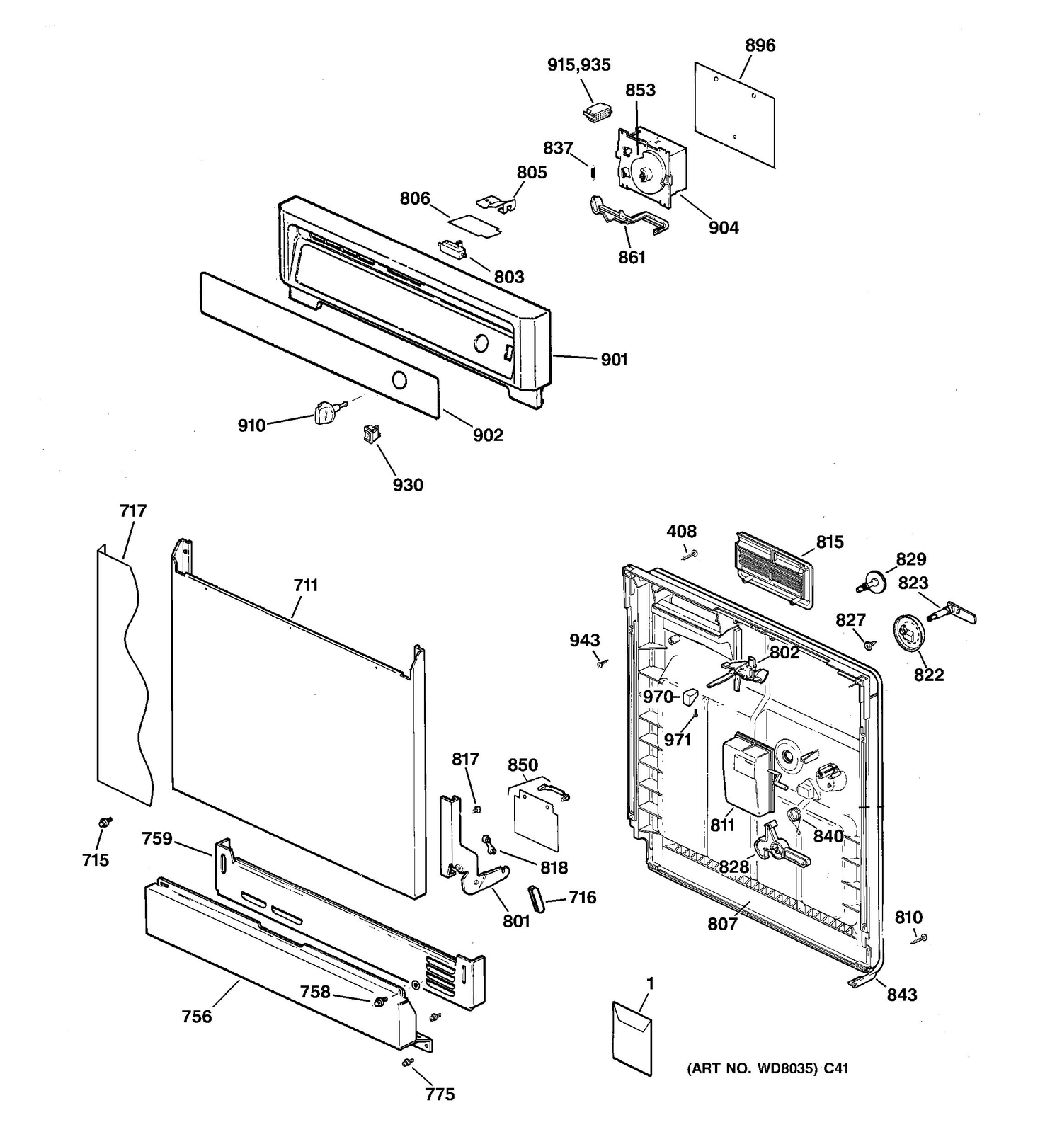 ESCUTCHEON & DOOR ASSEMBLY Diagram and Parts List for SIG1480A81WH  General Electric Dishwasher