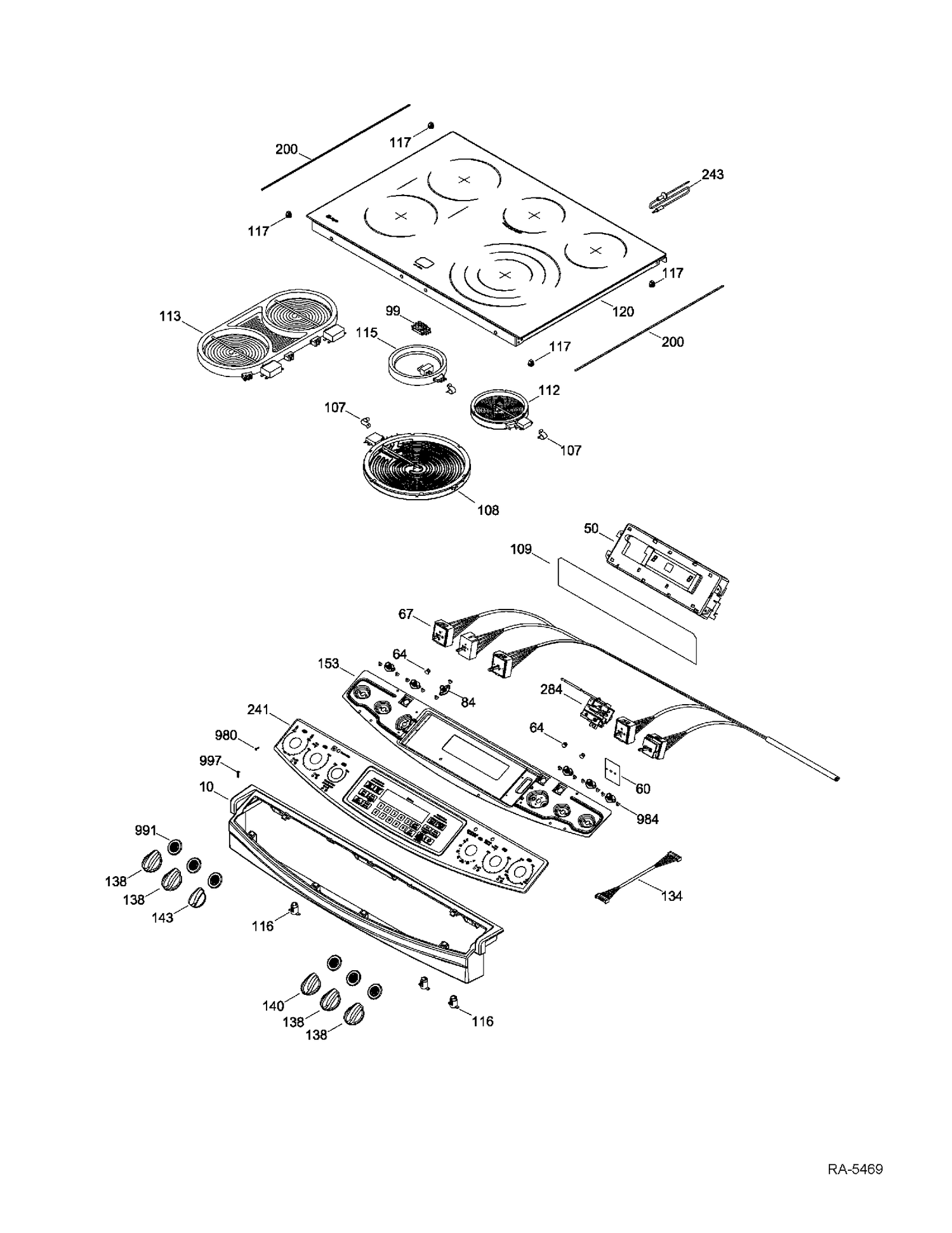 CONTROL PANEL & COOKTOP Diagram and Parts List for PCS968SR4SS  General Electric Range