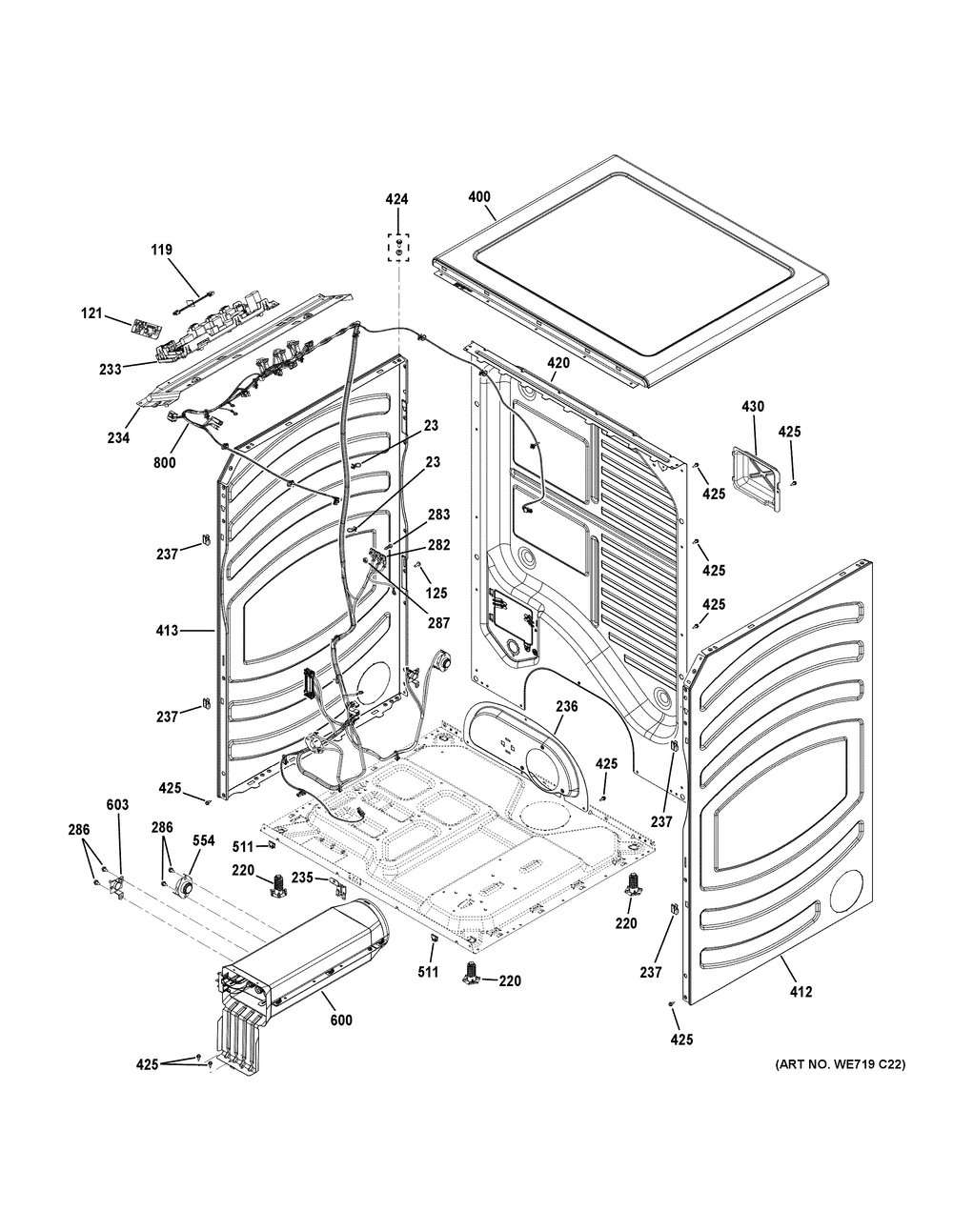 Cabinet And Top Panel Diagram and Parts List for GFD55ESSN3WW  General Electric Dryer