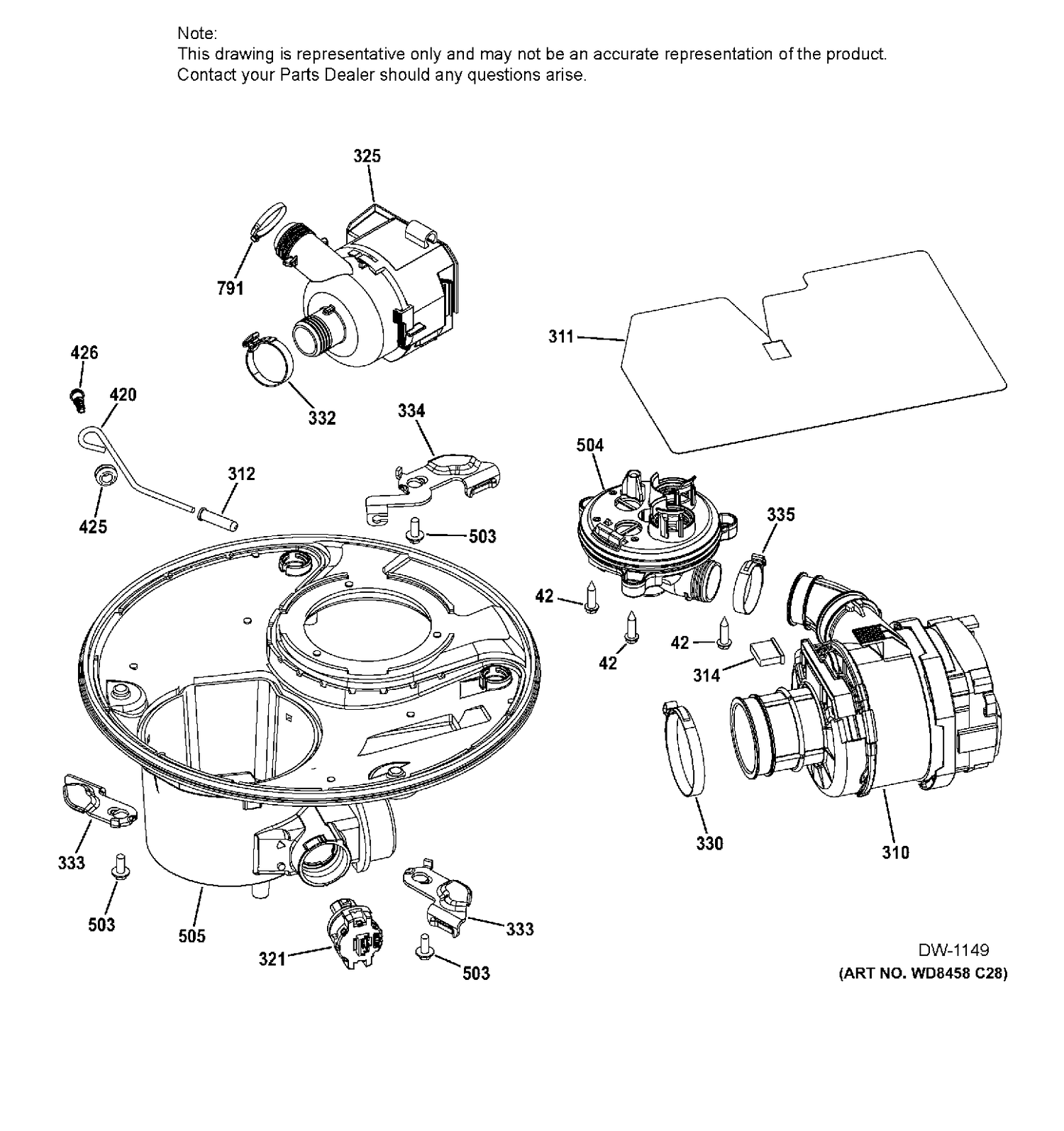 SUMP & MOTOR MECHANISM Diagram and Parts List for ZDT975SSJ0SS  General Electric Dishwasher