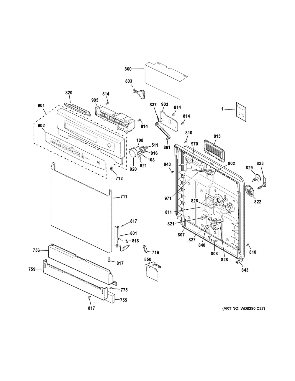 Escutcheon & Door Assembly Diagram and Parts List for GSD4060K55SS  General Electric Dishwasher