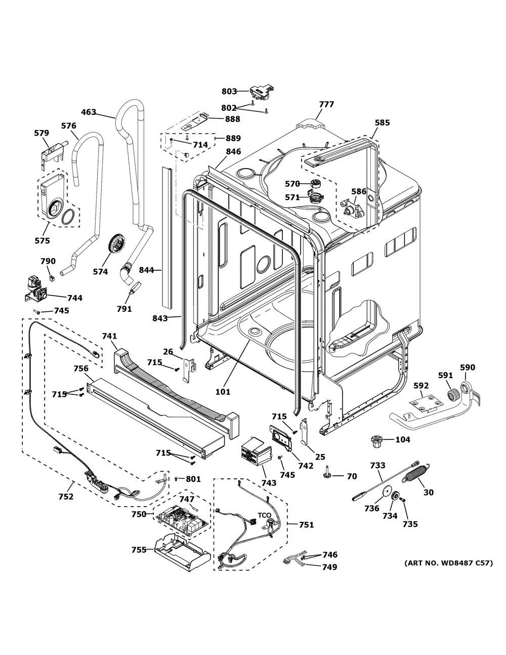 Body Parts 1 Diagram and Parts List for DDT700SBN0TS  General Electric Dishwasher