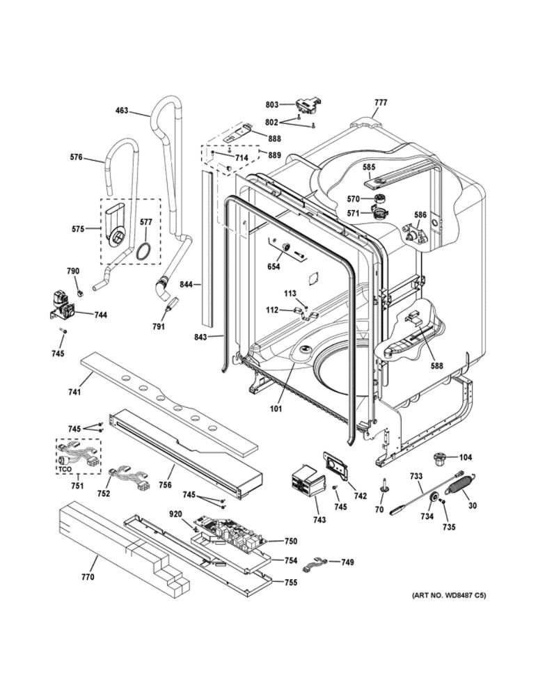 Body Parts Diagram and Parts List for GDT635HSJ5SS  General Electric Dishwasher