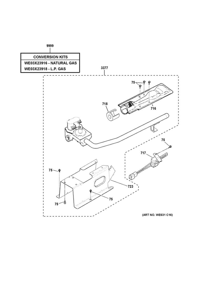 Gas Valve & Burner Assembly Diagram and Parts List for GTD65GBSJ1WS  General Electric Dryer