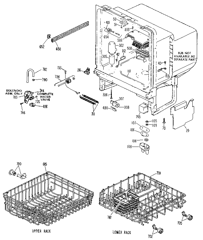 Tub Assembly Diagram and Parts List for GSM507L-20  General Electric Dishwasher