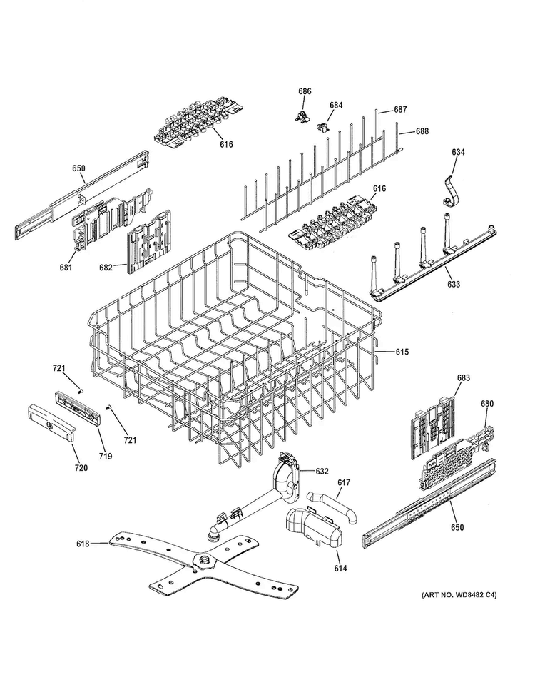 Upper Rack Diagram and Parts List for PDT760SSF0SS  General Electric Dishwasher