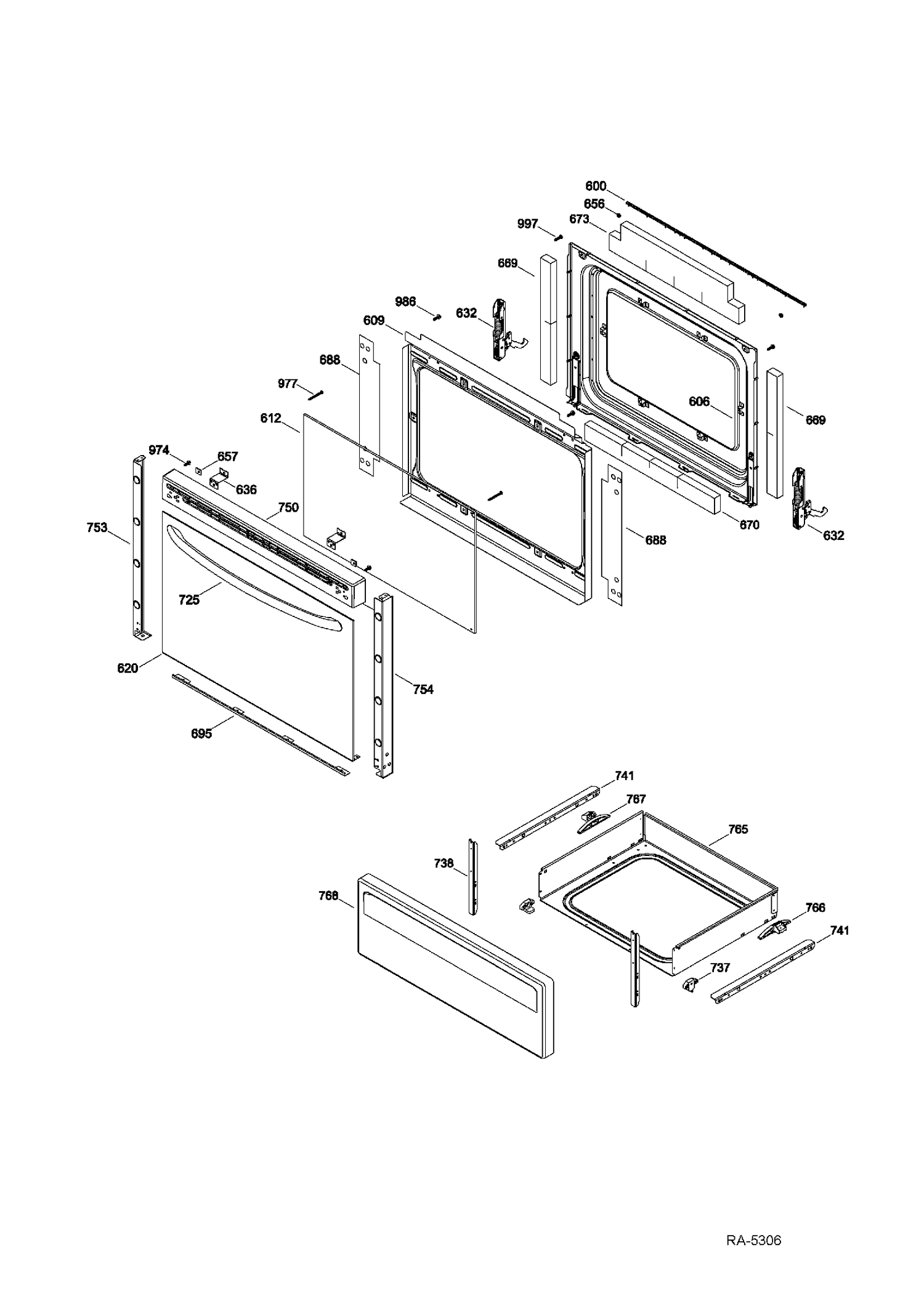DOOR & DRAWER Diagram and Parts List for JCBS630DF1WW  General Electric Range
