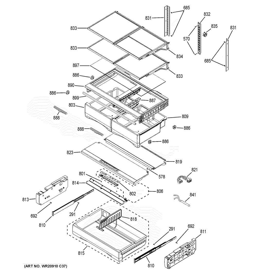 Fresh Food Shelves Diagram and Parts List for PFD28KBLDTS  General Electric Refrigerator