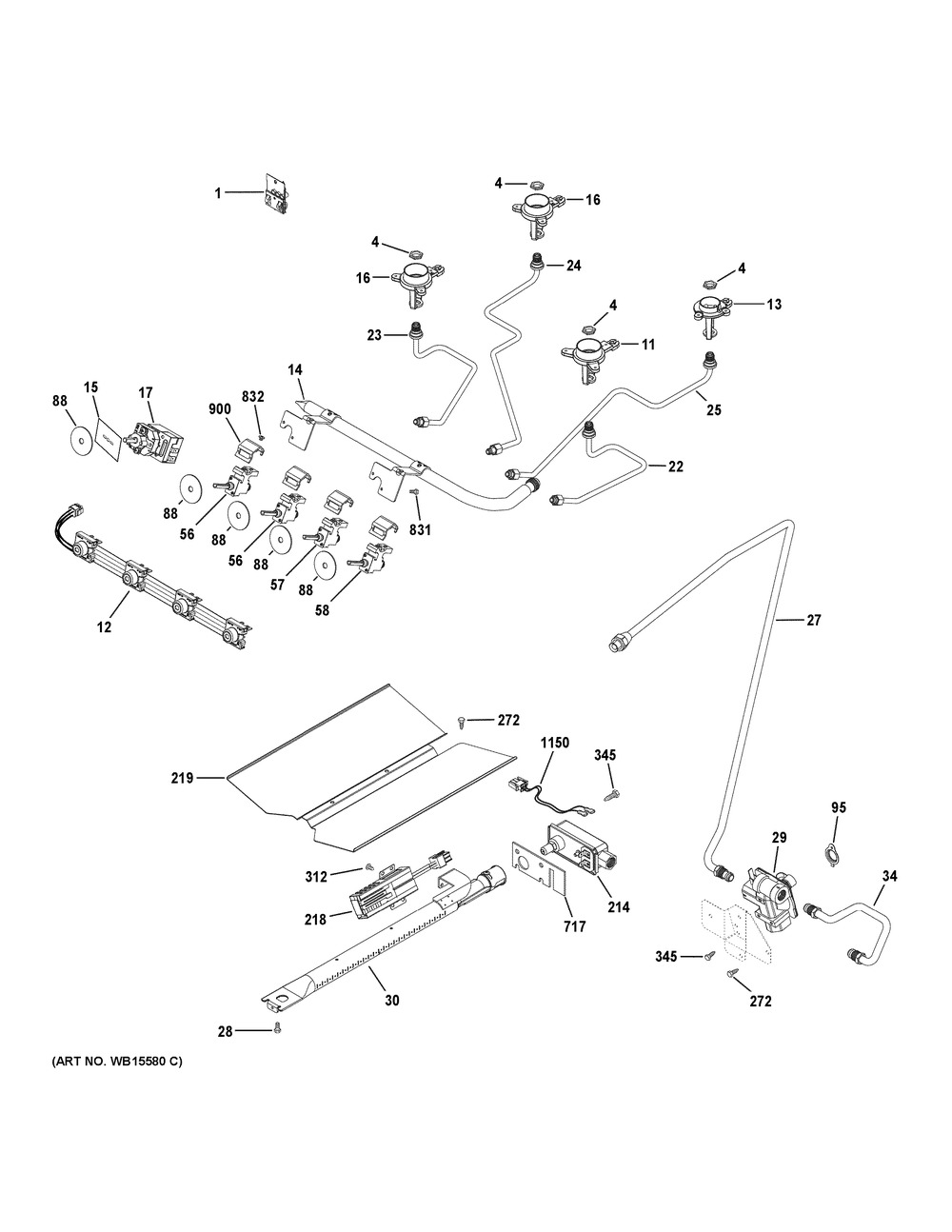 Gas & Burner Parts Diagram and Parts List for RGAS300DM1WW  General Electric Range