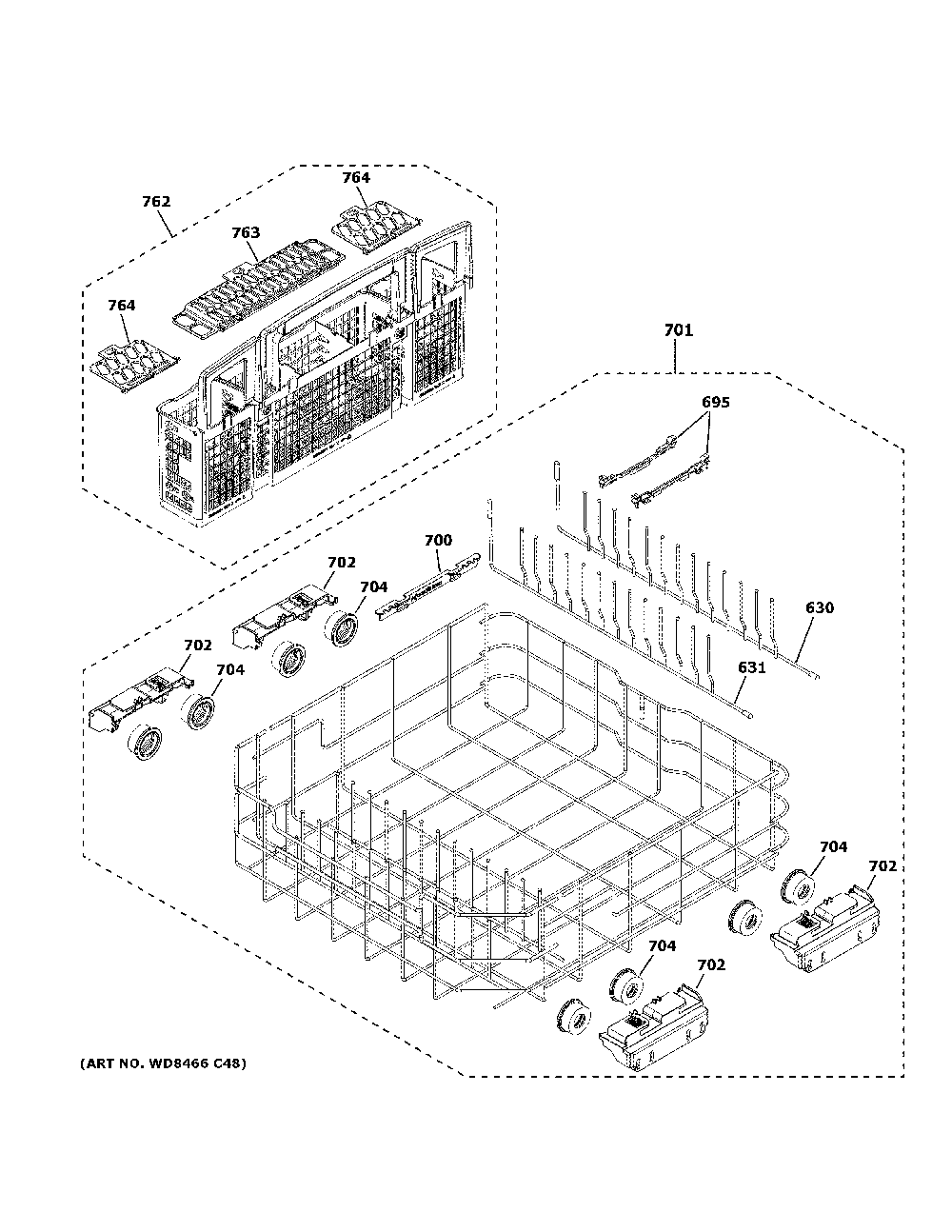 Lower rack assembly Diagram and Parts List for CDT800P2N3S1  General Electric Dishwasher