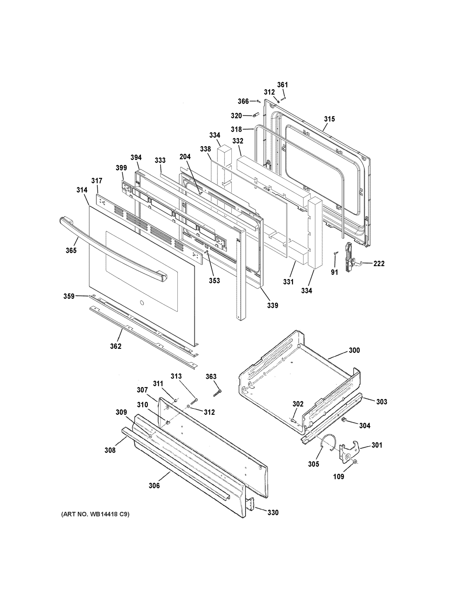 DOOR & DRAWER PARTS Diagram and Parts List for RGB530DEH3BB  General Electric Range