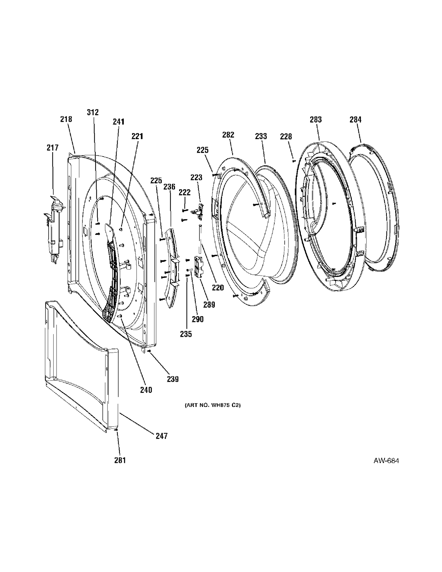 DOOR Diagram and Parts List for GBVH5200J0WW  General Electric Washer