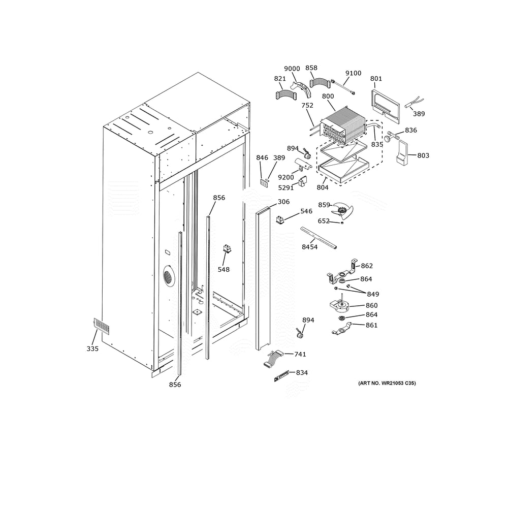 Freezer Section Diagram and Parts List for CSB48WP2NMS1  General Electric Refrigerator