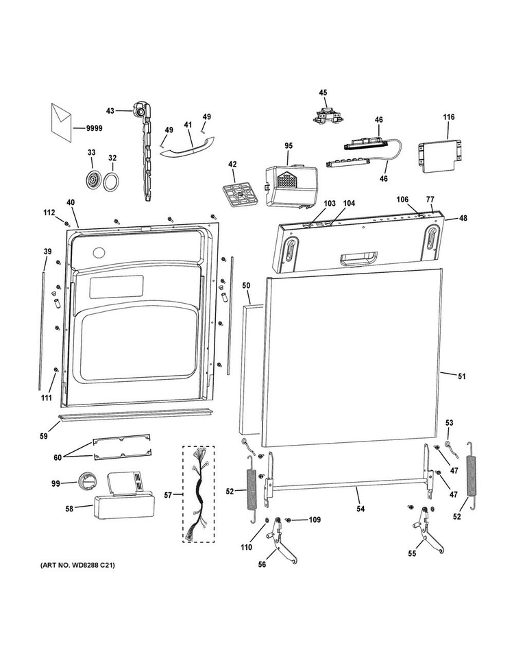 Escutcheon & Door Assembly Diagram and Parts List for PDW1800N02WW  General Electric Dishwasher