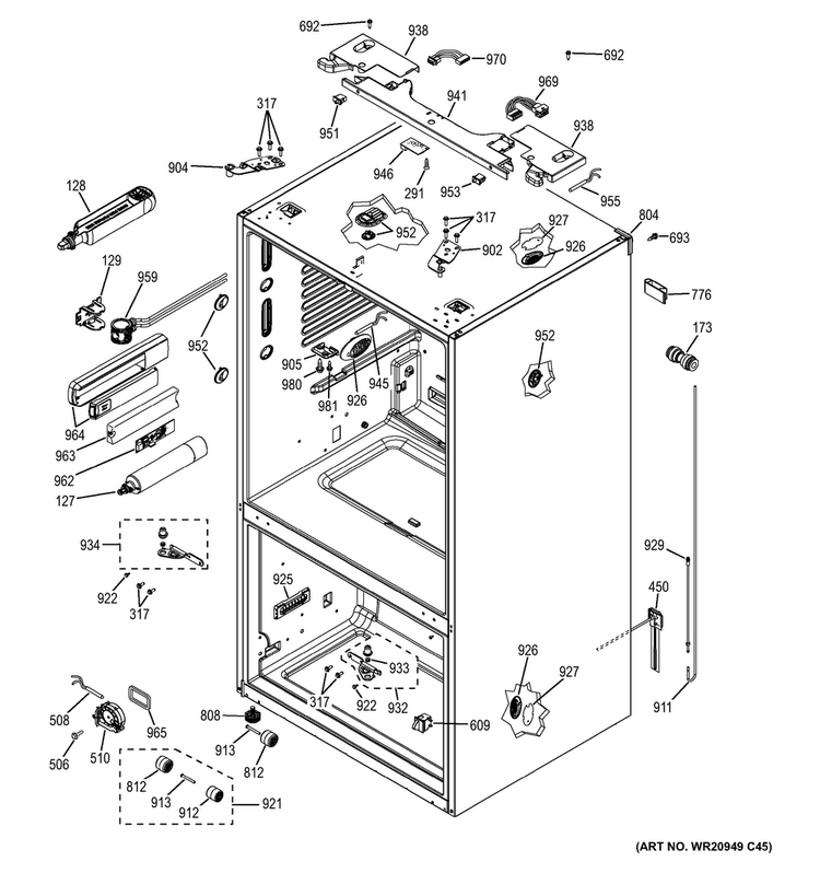 Case Parts Diagram and Parts List for DFE28JGHFBB  General Electric Refrigerator