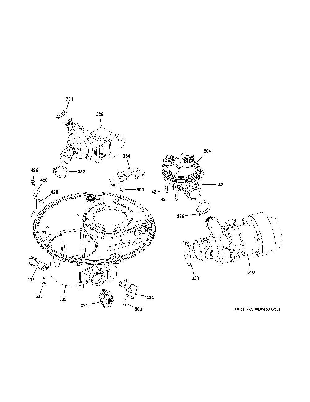 Sump & motor mechanism Diagram and Parts List for GDF530PGM3WW  General Electric Dishwasher