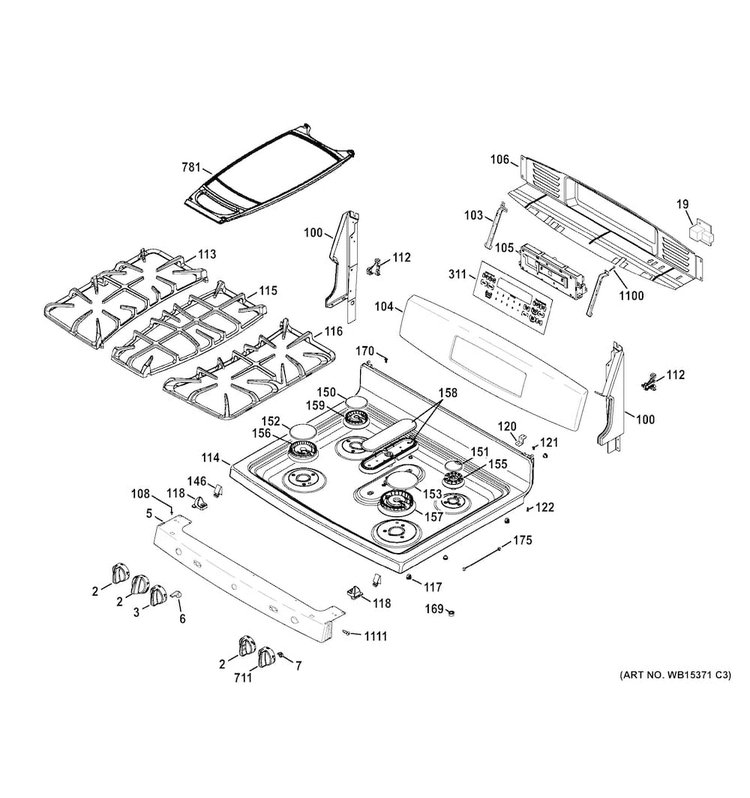 Control Panel & Cooktop Diagram and Parts List for JGB870DEF1BB  General Electric Range
