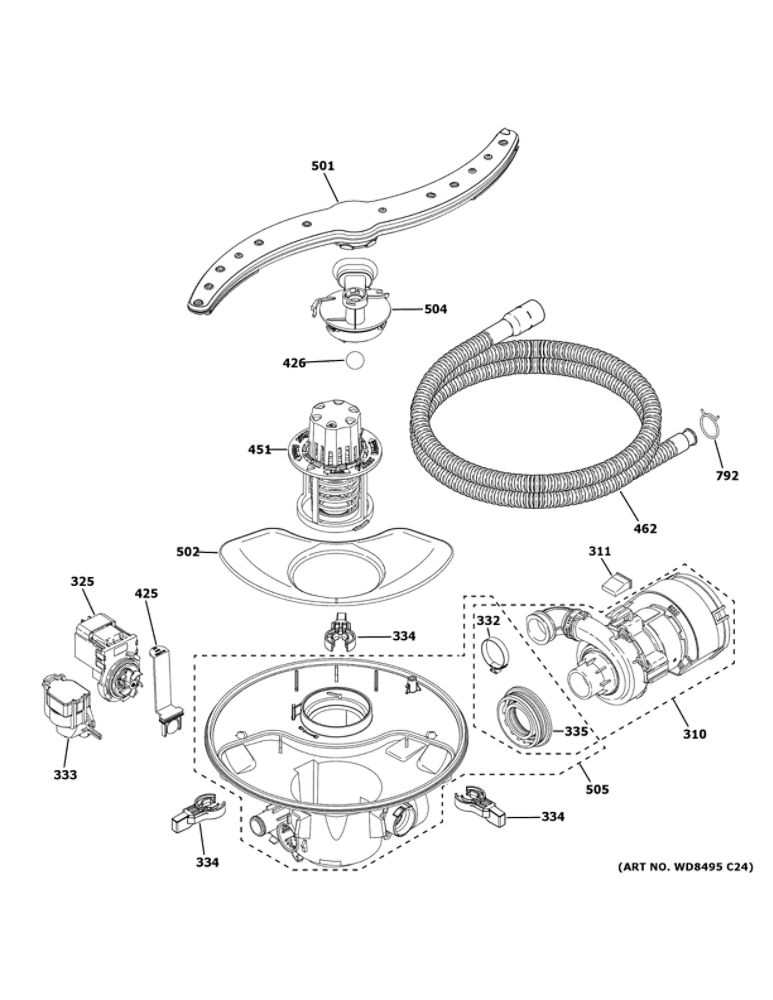 Motor, Sump And Filter Assembly Diagram and Parts List for GDF511PSM4SS  General Electric Dishwasher