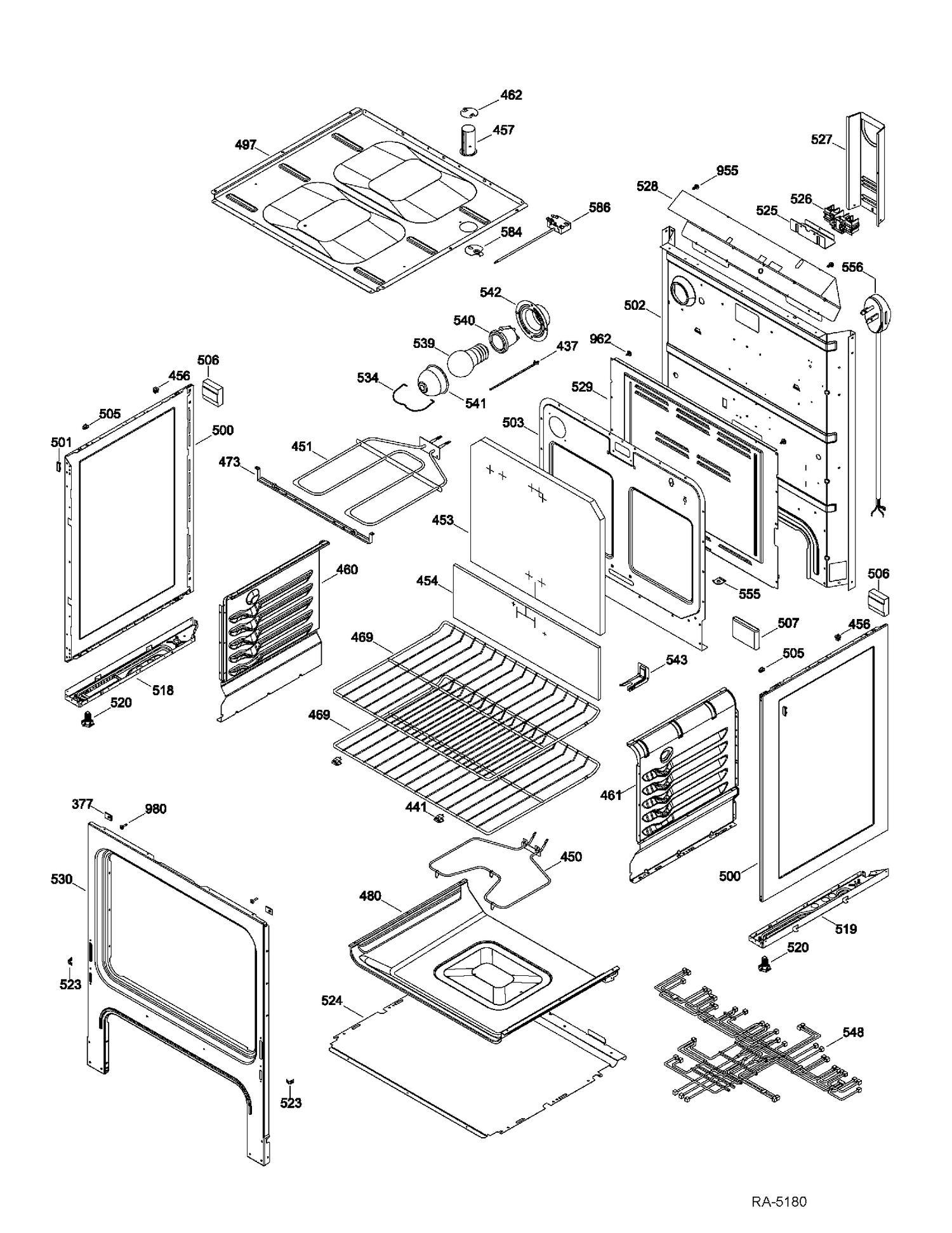 BODY PARTS Diagram and Parts List for RCBS536DN3WW  General Electric Range