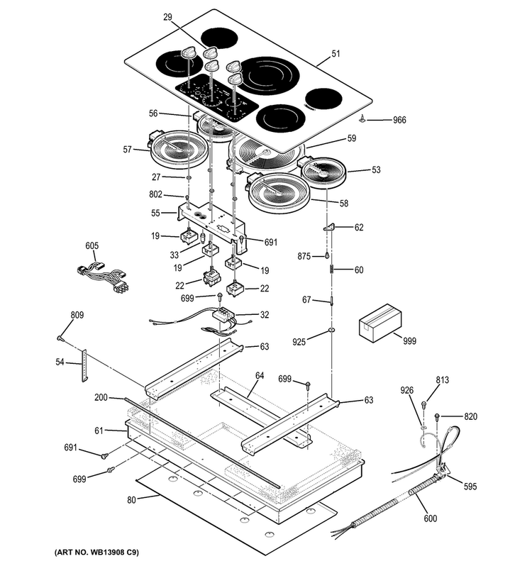 Control Panel & Cooktop Diagram and Parts List for JP656SD2SS  General Electric Cooktop