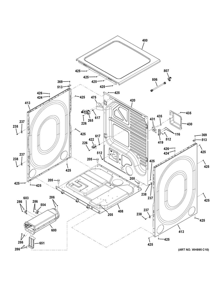 Cabinet & Top Panel Diagram and Parts List for GFD49ERPK0RR  General Electric Dryer