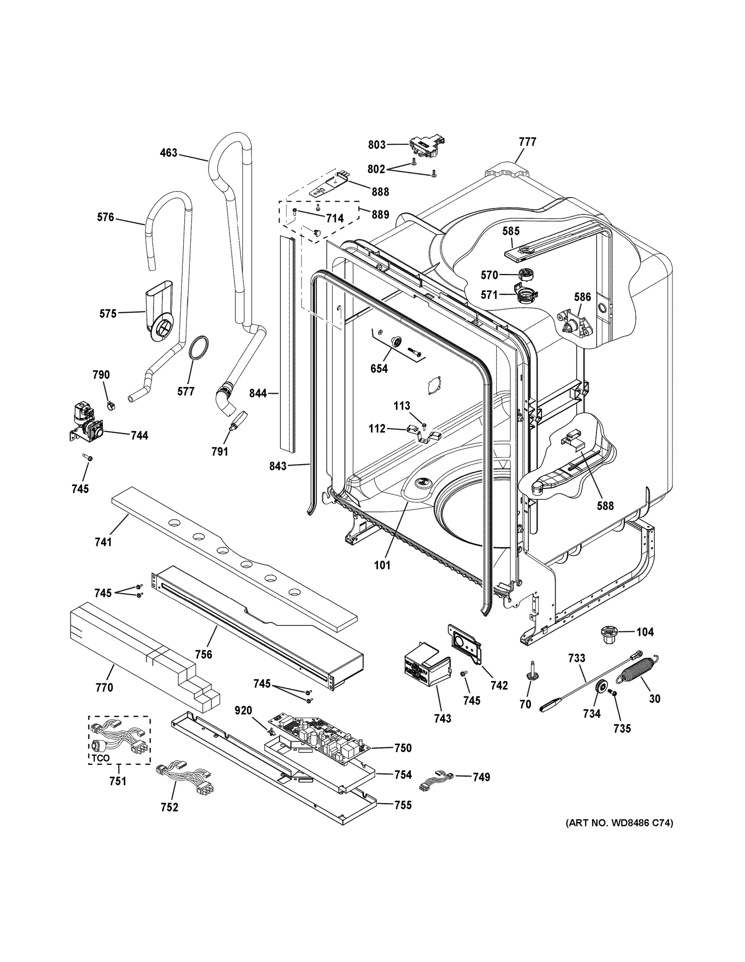 BODY PARTS Diagram and Parts List for GDT625PSJ4SS  General Electric Dishwasher