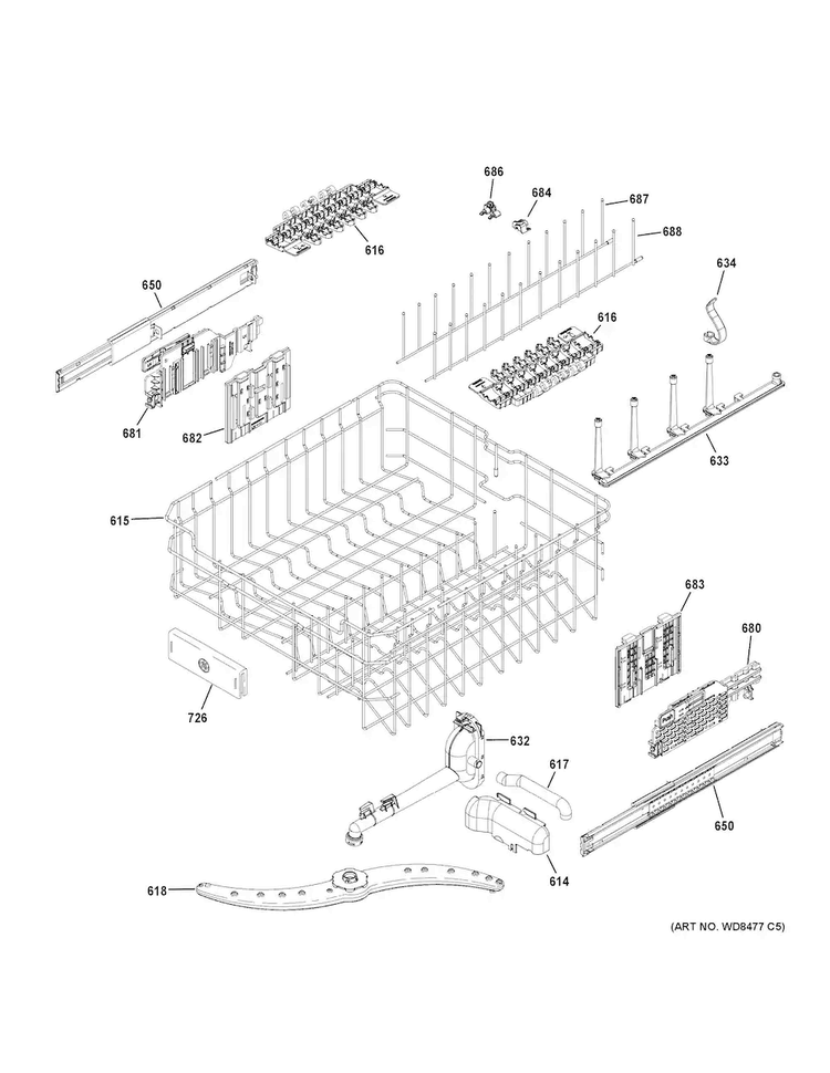 Upper Rack Assembly Diagram and Parts List for GDT680SSH2SS  General Electric Dishwasher