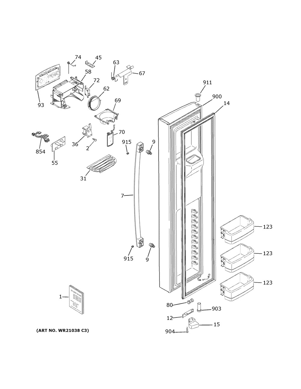 Freezer Door Diagram and Parts List for PSS28KYHBCFS  General Electric Refrigerator